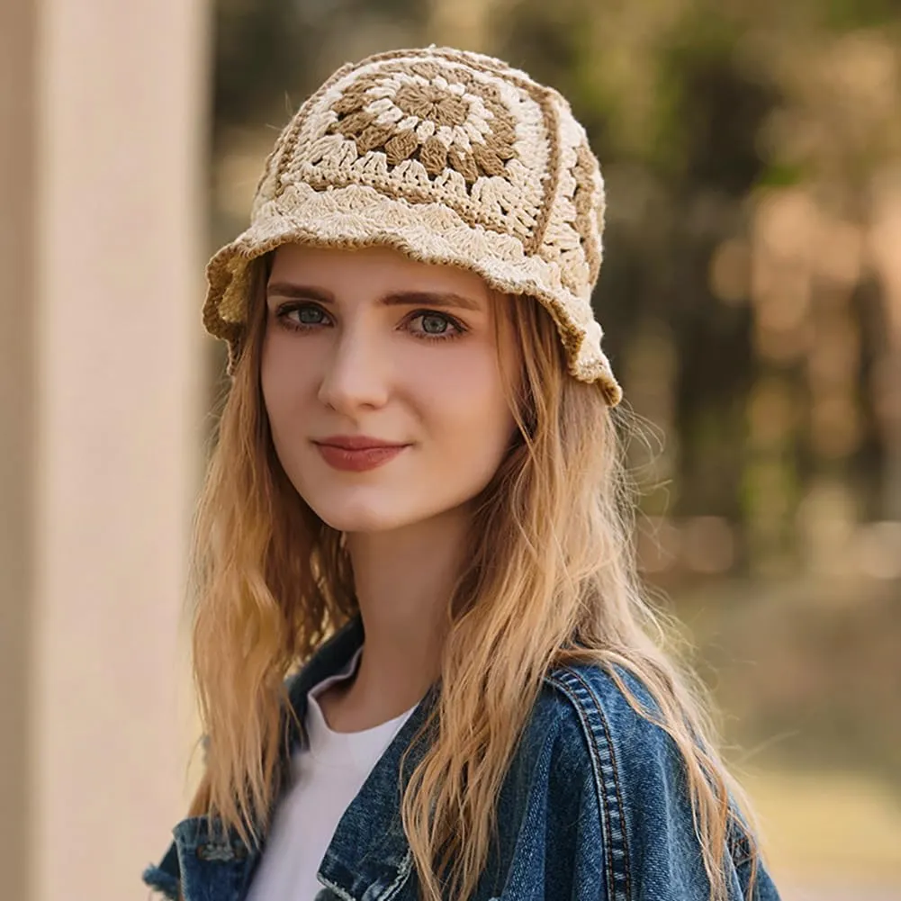XYIYI Women Crochet Bucket Hat Knit Handmade Foldable Beach Hat Cute Hand Woven Fishing Hat