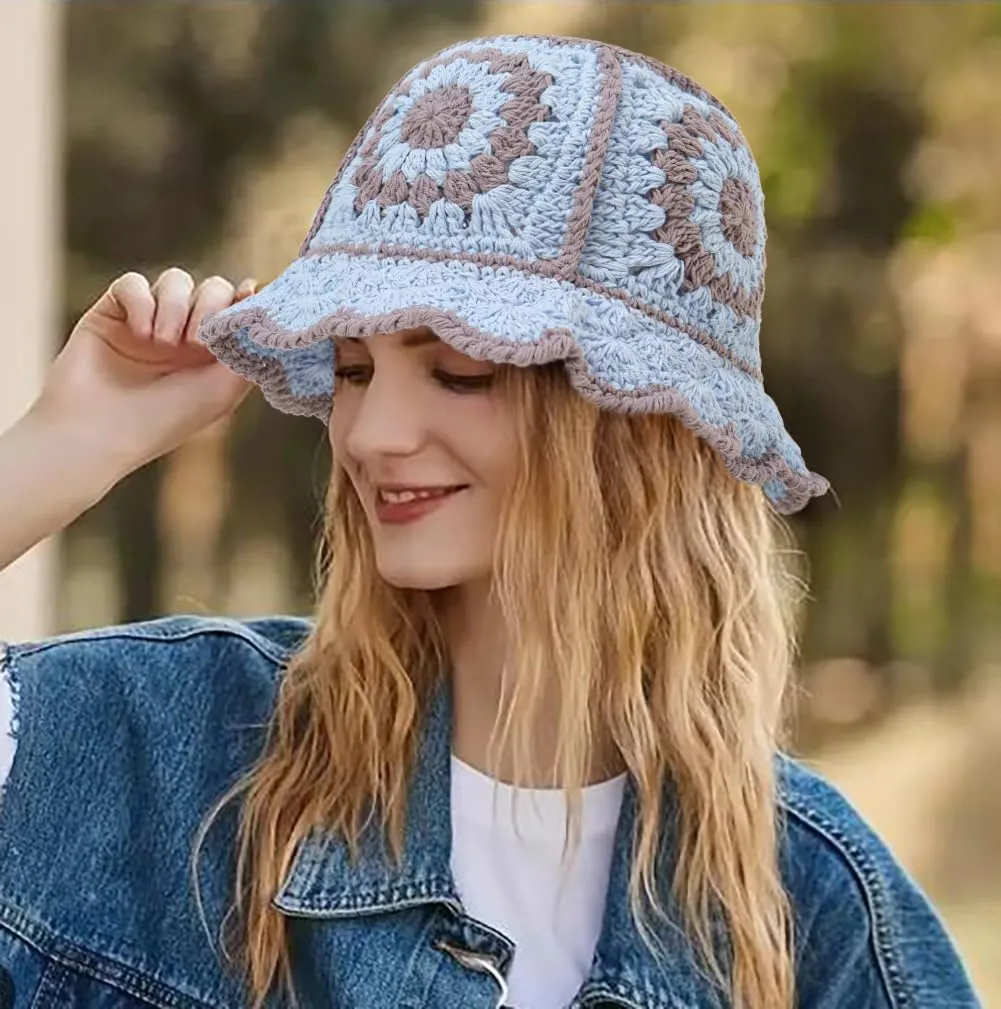 XYIYI Women Crochet Bucket Hat Knit Handmade Foldable Beach Hat Cute Hand Woven Fishing Hat