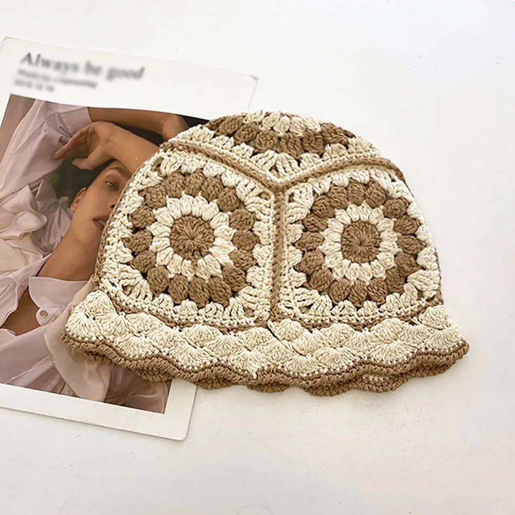 XYIYI Women Crochet Bucket Hat Knit Handmade Foldable Beach Hat Cute Hand Woven Fishing Hat