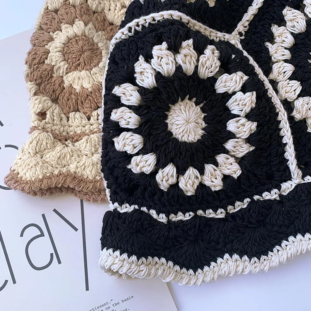 XYIYI Women Crochet Bucket Hat Knit Handmade Foldable Beach Hat Cute Hand Woven Fishing Hat