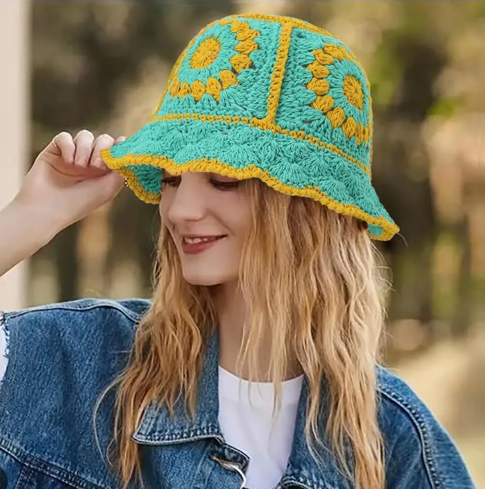 XYIYI Women Crochet Bucket Hat Knit Handmade Foldable Beach Hat Cute Hand Woven Fishing Hat