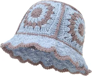 XYIYI Women Crochet Bucket Hat Knit Handmade Foldable Beach Hat Cute Hand Woven Fishing Hat