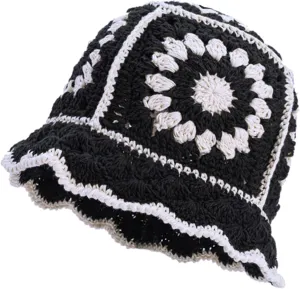 XYIYI Women Crochet Bucket Hat Knit Handmade Foldable Beach Hat Cute Hand Woven Fishing Hat