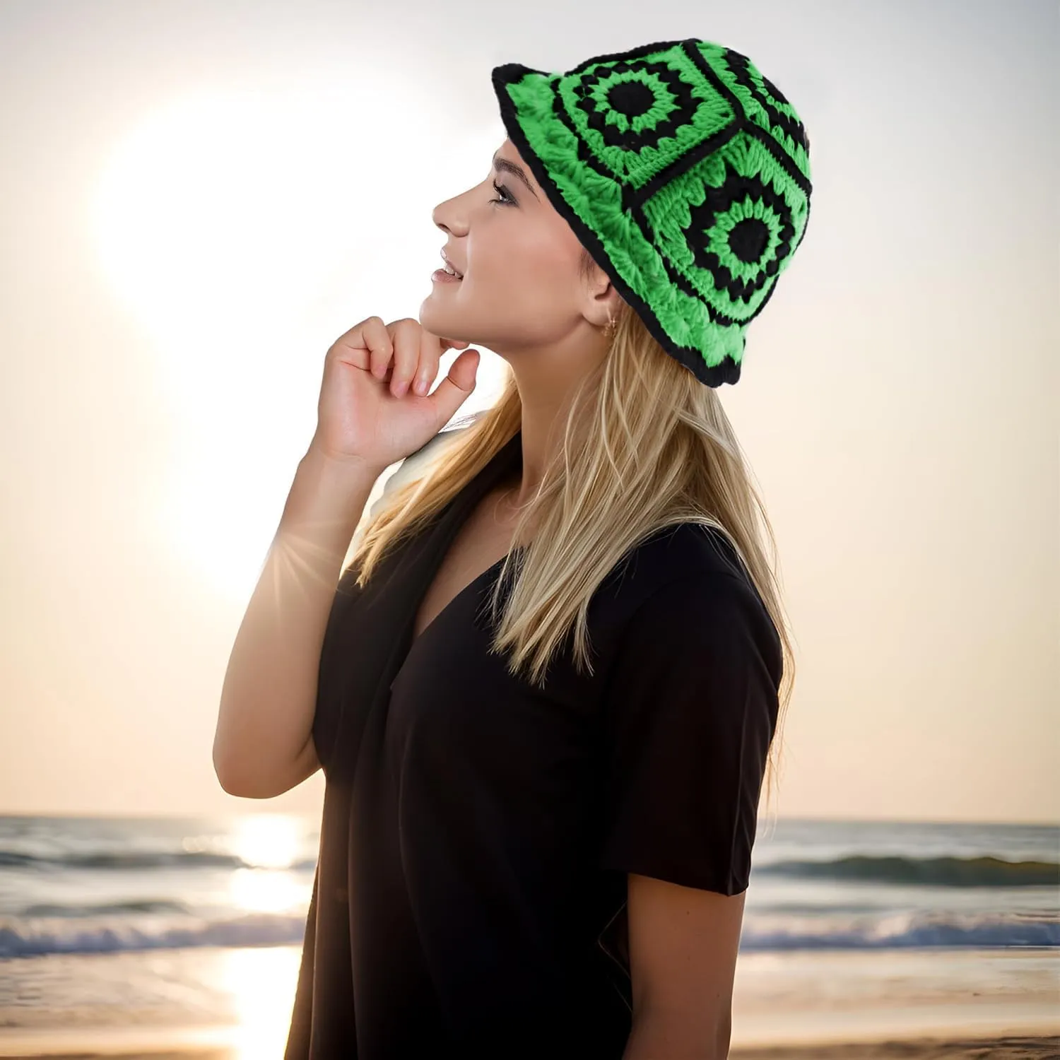 XYIYI Women Crochet Bucket Hat Knit Handmade Foldable Beach Hat Cute Hand Woven Fishing Hat