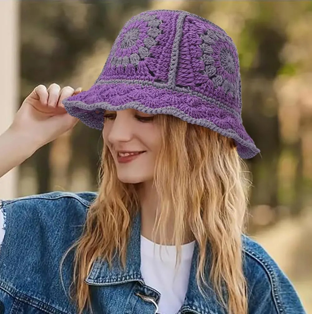 XYIYI Women Crochet Bucket Hat Knit Handmade Foldable Beach Hat Cute Hand Woven Fishing Hat