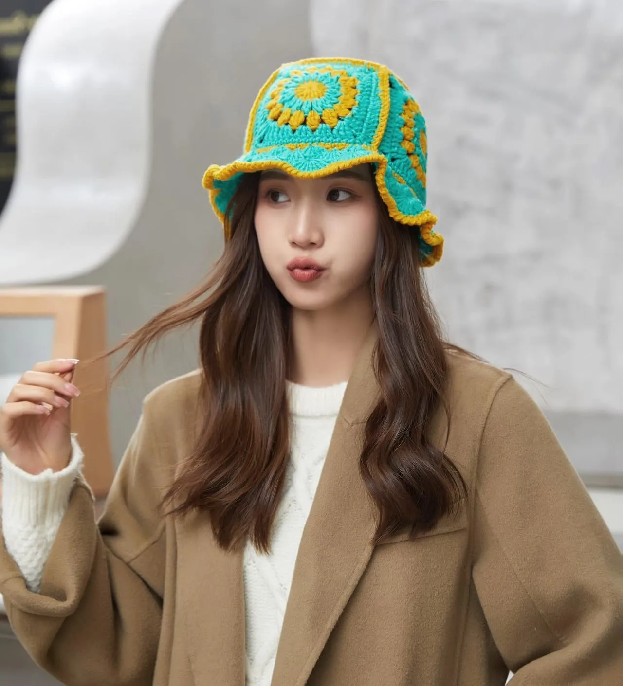 XYIYI Women Crochet Bucket Hat Knit Handmade Foldable Beach Hat Cute Hand Woven Fishing Hat