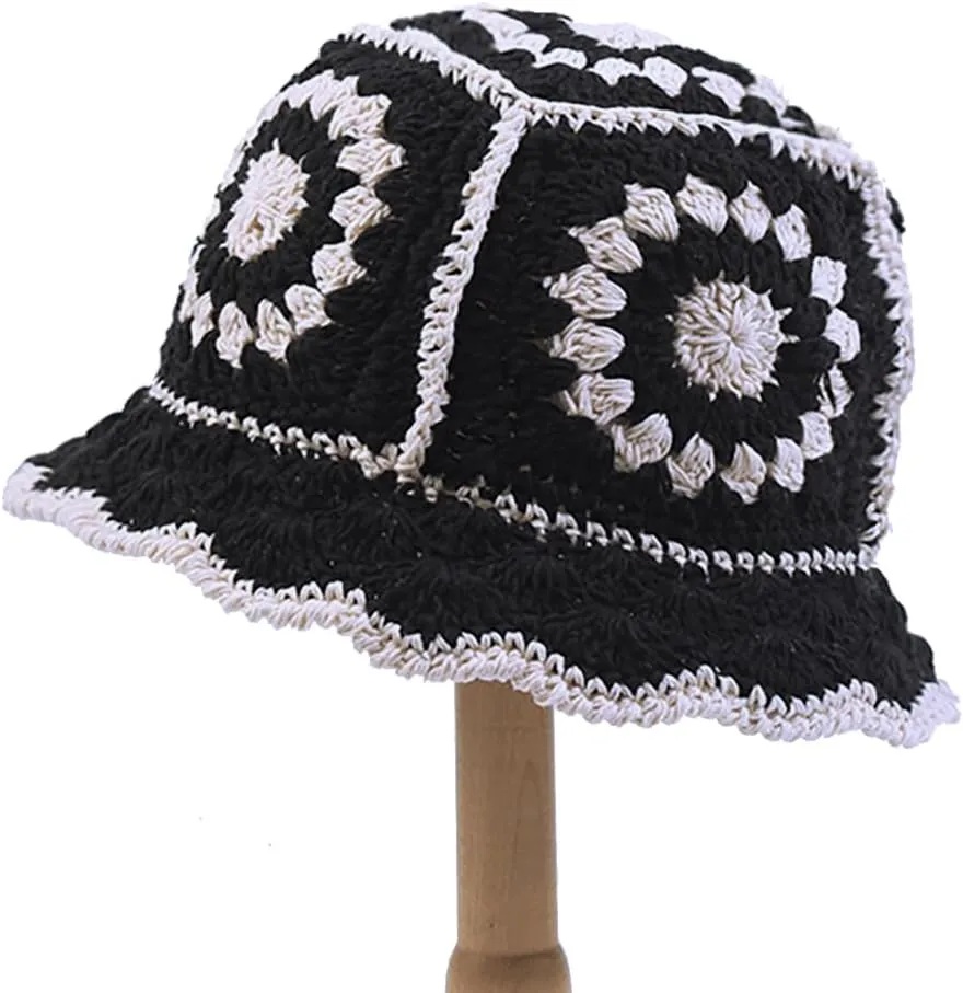 XYIYI Women Crochet Bucket Hat Knit Handmade Foldable Beach Hat Cute Hand Woven Fishing Hat