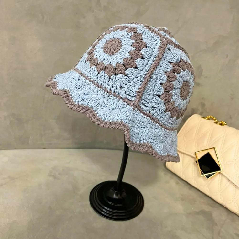 XYIYI Women Crochet Bucket Hat Knit Handmade Foldable Beach Hat Cute Hand Woven Fishing Hat
