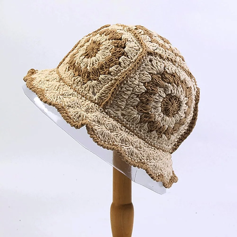 XYIYI Women Crochet Bucket Hat Knit Handmade Foldable Beach Hat Cute Hand Woven Fishing Hat