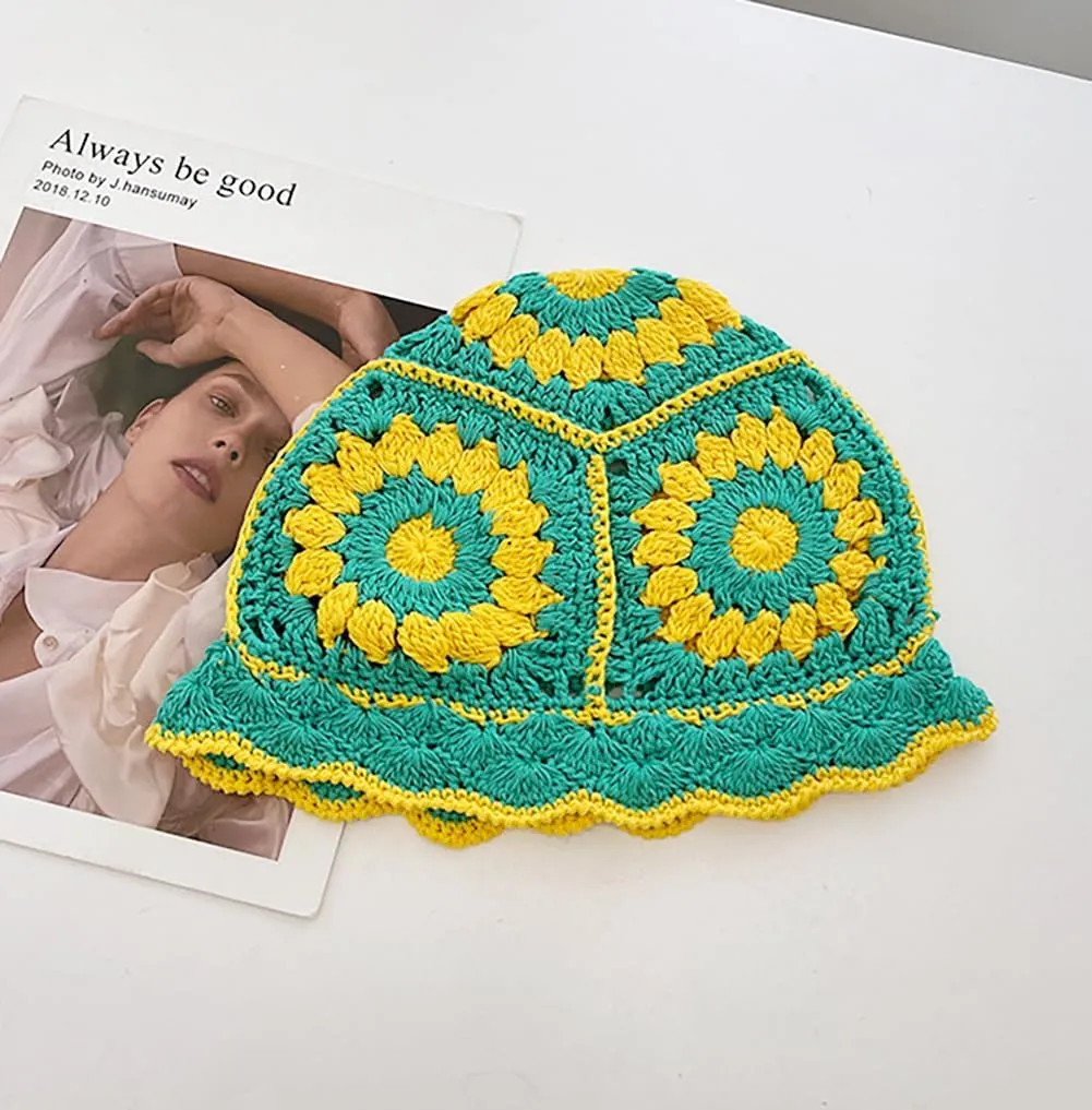 XYIYI Women Crochet Bucket Hat Knit Handmade Foldable Beach Hat Cute Hand Woven Fishing Hat