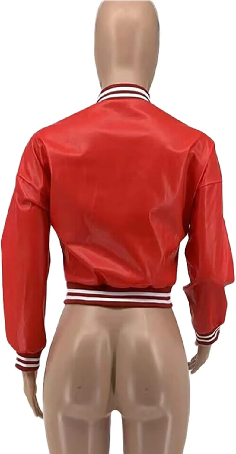 XZLUFNY Women Crop Faux Leather Varsity Baseball Bomber Jackets Button Up Full Sleeve Short Coat