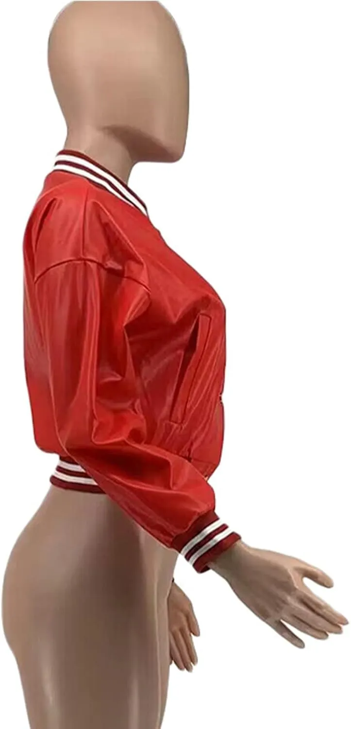 XZLUFNY Women Crop Faux Leather Varsity Baseball Bomber Jackets Button Up Full Sleeve Short Coat
