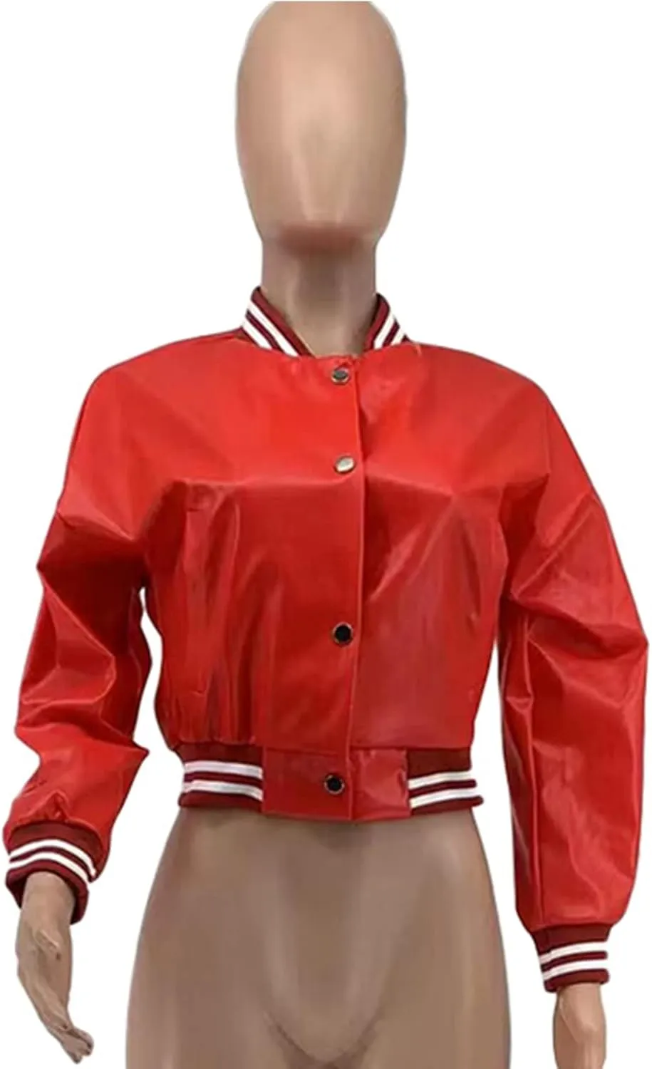 XZLUFNY Women Crop Faux Leather Varsity Baseball Bomber Jackets Button Up Full Sleeve Short Coat