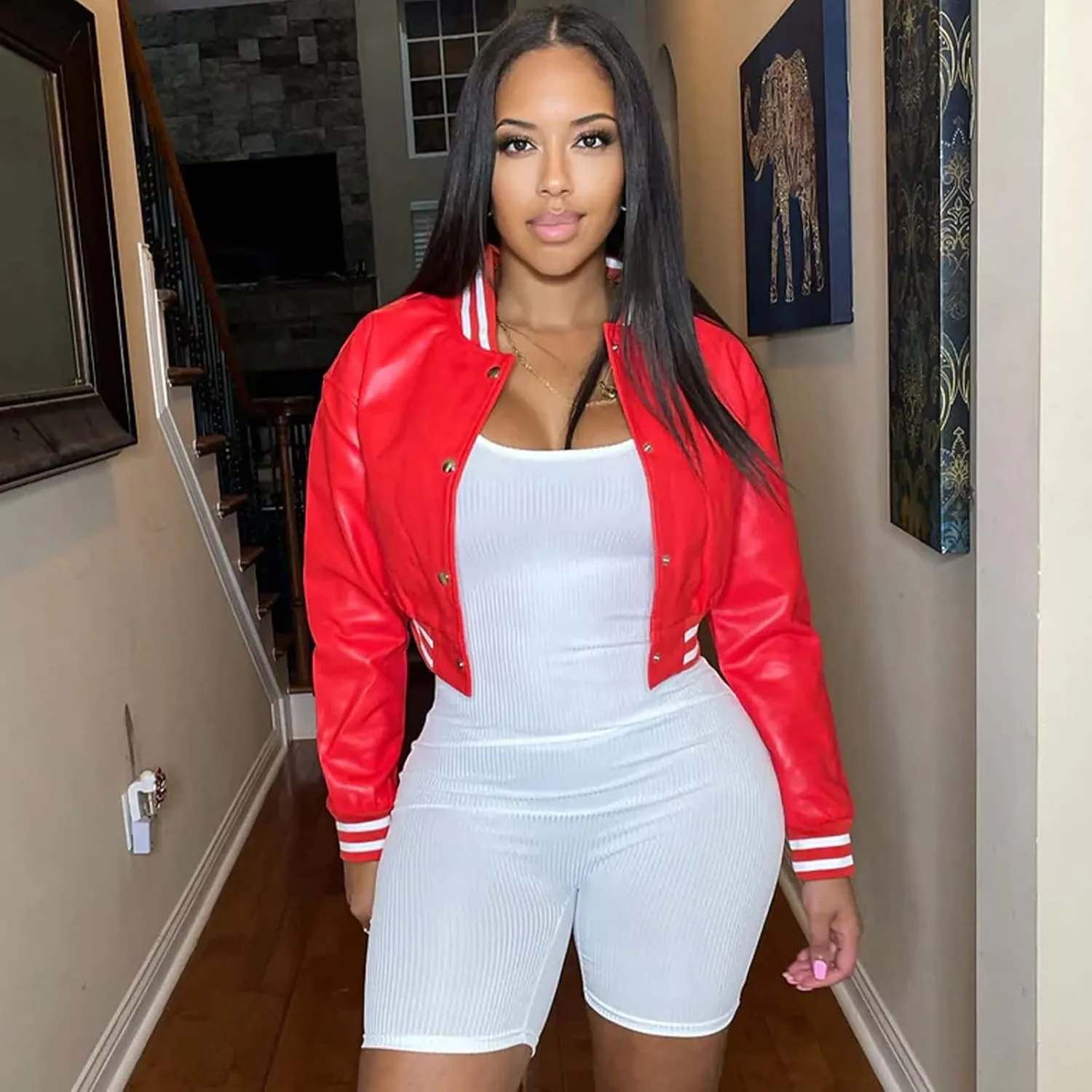 XZLUFNY Women Crop Faux Leather Varsity Baseball Bomber Jackets Button Up Full Sleeve Short Coat