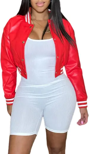 XZLUFNY Women Crop Faux Leather Varsity Baseball Bomber Jackets Button Up Full Sleeve Short Coat