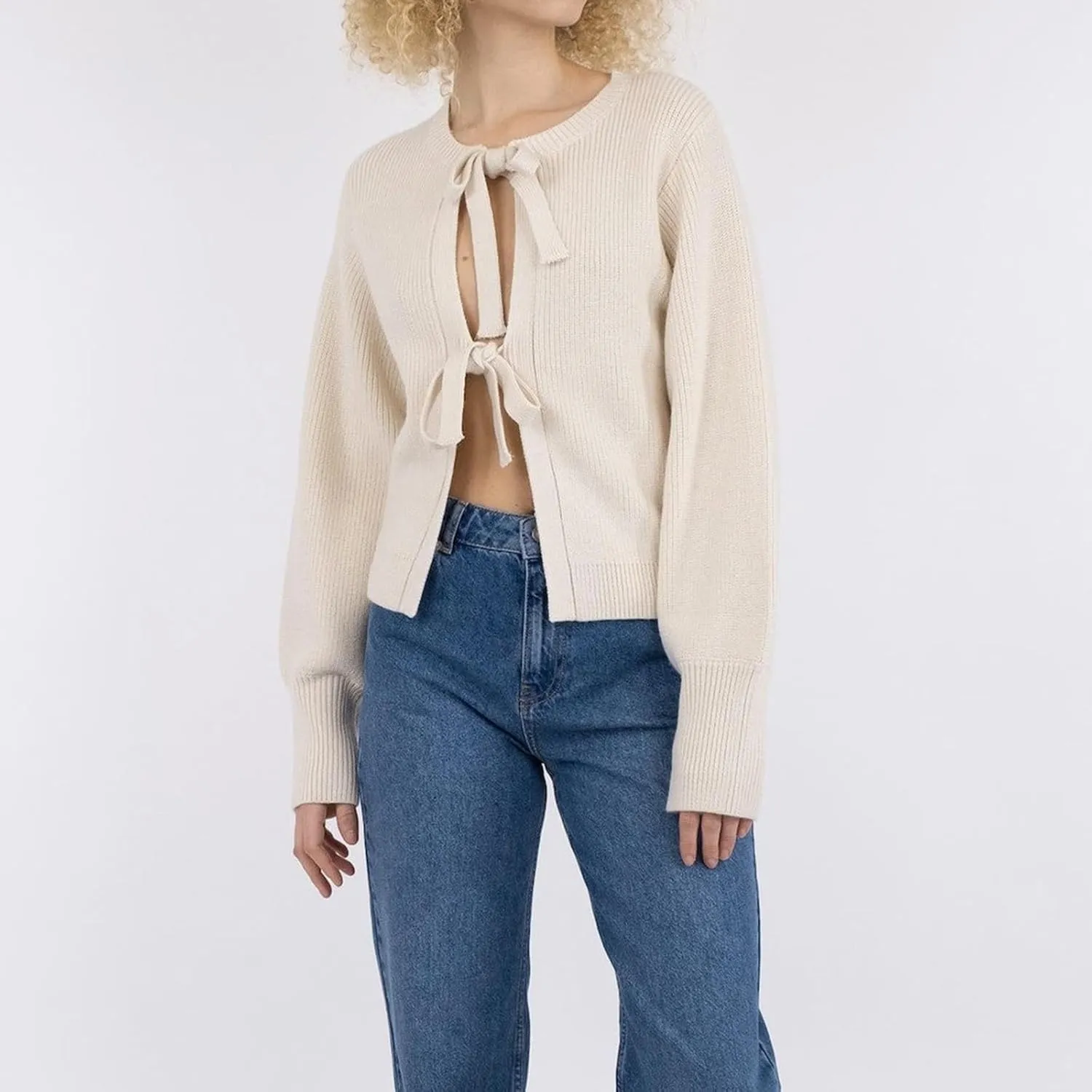 Y2k Girls Tie Front Knitwear Cardigan Top Women Long Sleeve Open Front Knitted Crop Cardigan Sweater Streetwear