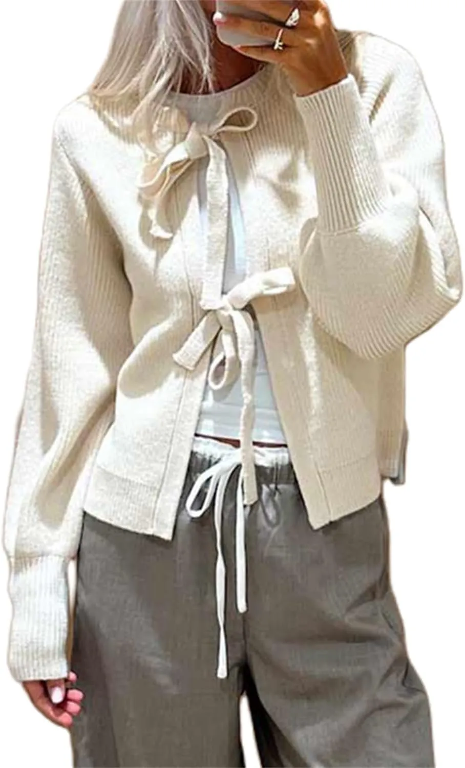 Y2k Girls Tie Front Knitwear Cardigan Top Women Long Sleeve Open Front Knitted Crop Cardigan Sweater Streetwear