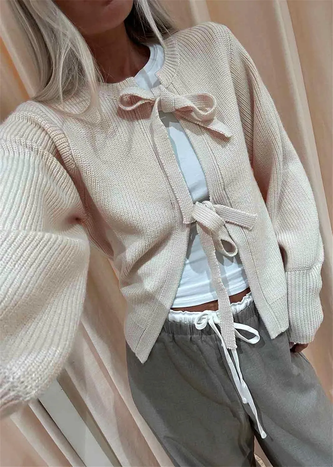 Y2k Girls Tie Front Knitwear Cardigan Top Women Long Sleeve Open Front Knitted Crop Cardigan Sweater Streetwear