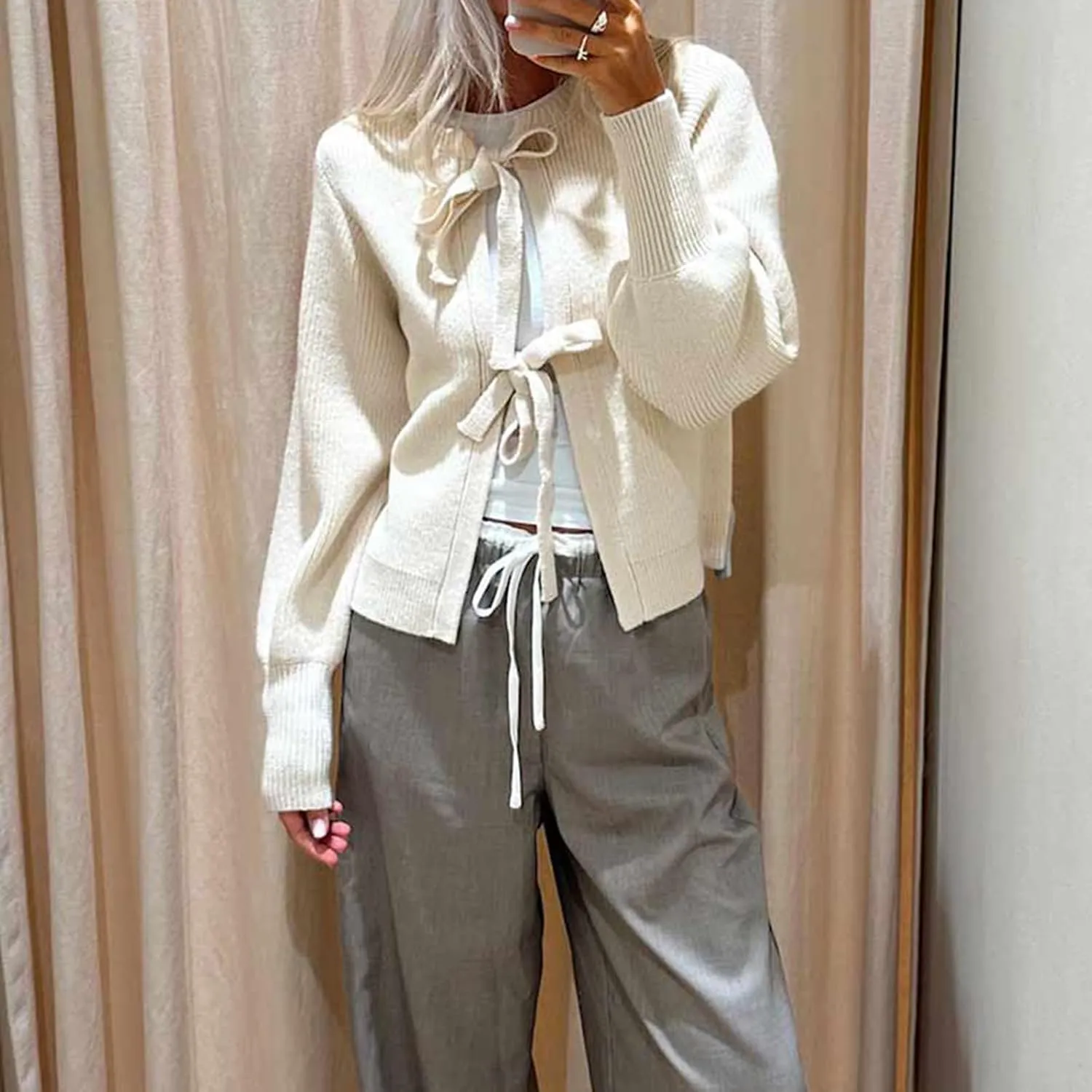 Y2k Girls Tie Front Knitwear Cardigan Top Women Long Sleeve Open Front Knitted Crop Cardigan Sweater Streetwear