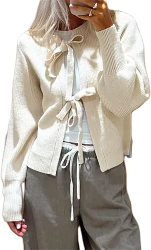 Y2k Girls Tie Front Knitwear Cardigan Top Women Long Sleeve Open Front Knitted Crop Cardigan Sweater Streetwear