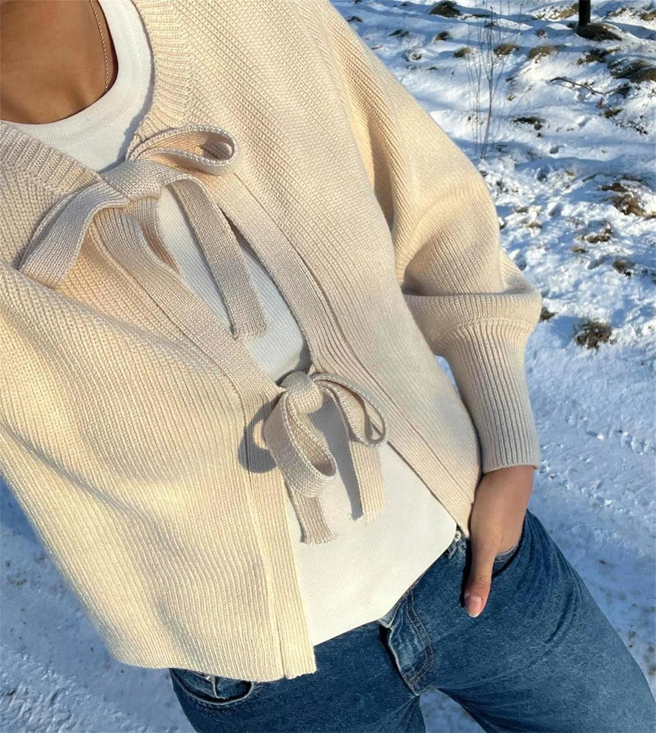 Y2k Girls Tie Front Knitwear Cardigan Top Women Long Sleeve Open Front Knitted Crop Cardigan Sweater Streetwear