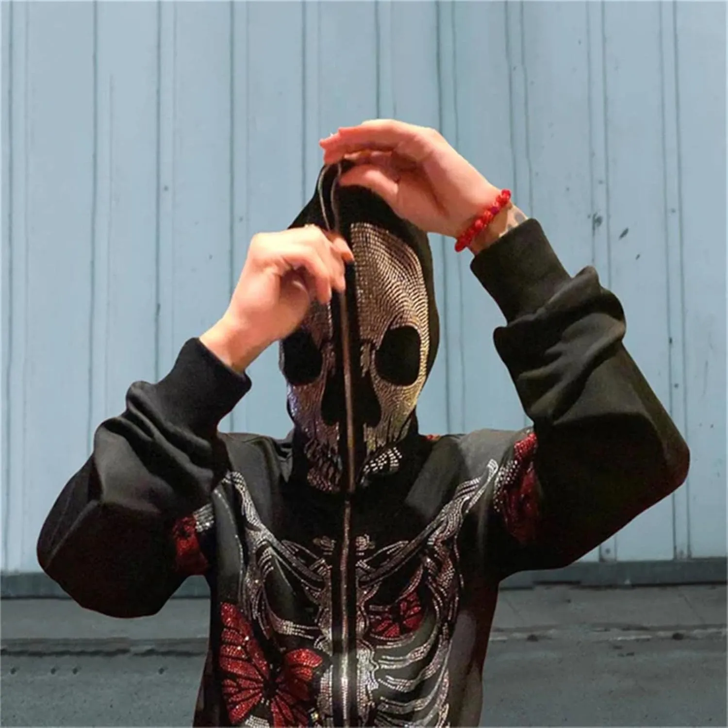 Y2k Skeleton Full Zip Up Hoodies Women Men Rhinestone Skull Graphic Print Sweatshirt Gothic Oversized Jackets