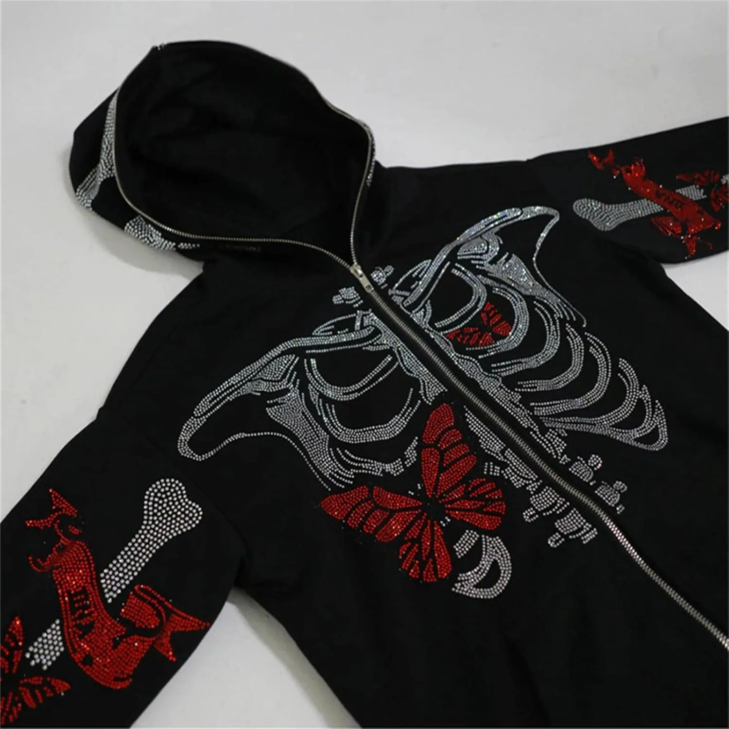 Y2k Skeleton Full Zip Up Hoodies Women Men Rhinestone Skull Graphic Print Sweatshirt Gothic Oversized Jackets
