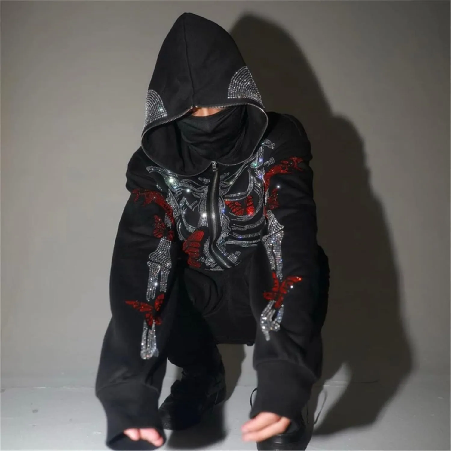 Y2k Skeleton Full Zip Up Hoodies Women Men Rhinestone Skull Graphic Print Sweatshirt Gothic Oversized Jackets
