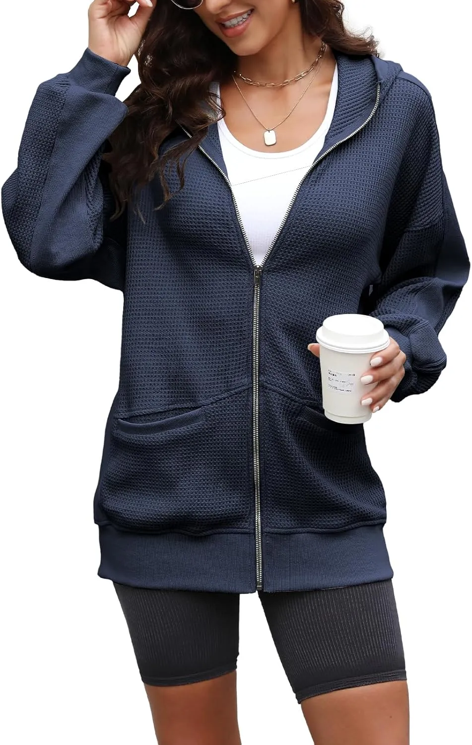 Yanekop Womens Oversized Fall Jackets Zip Up Hoodie Jacket Coat Waffle Knit Shacket Fall Outfits with Pocket