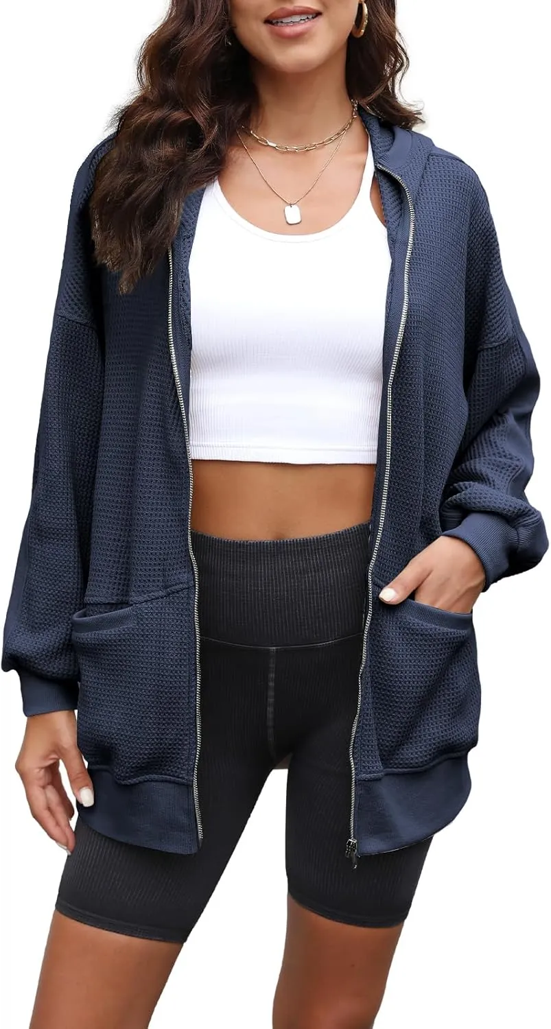Yanekop Womens Oversized Fall Jackets Zip Up Hoodie Jacket Coat Waffle Knit Shacket Fall Outfits with Pocket