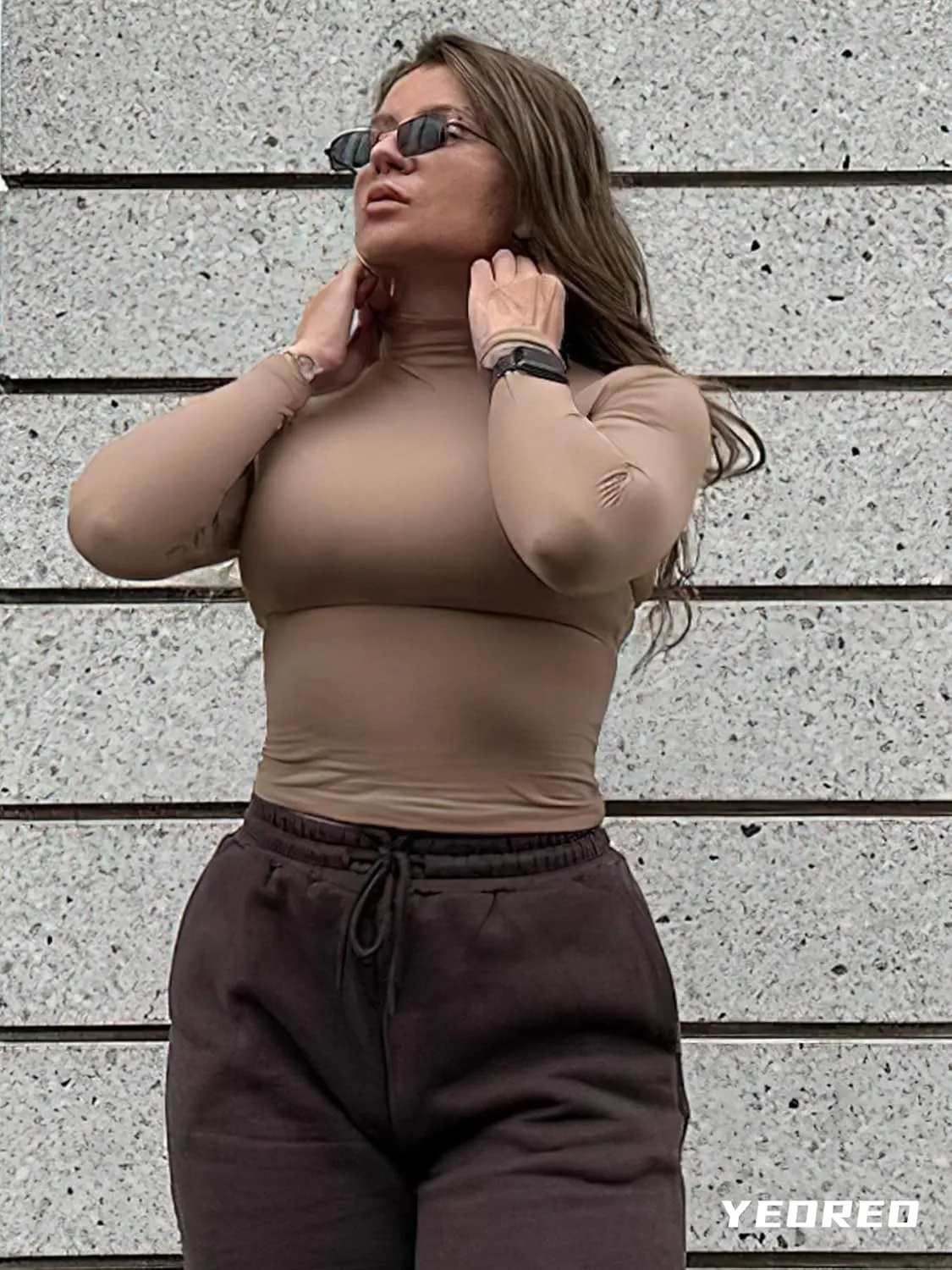 YEOREO Long Sleeve Workout Crop Mock Thermal Turtle Neck Double Lined Base Tops Shirts Women Sariah Y2k Undershirt