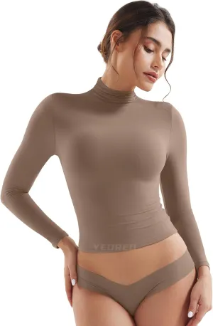 YEOREO Long Sleeve Workout Crop Mock Thermal Turtle Neck Double Lined Base Tops Shirts Women Sariah Y2k Undershirt