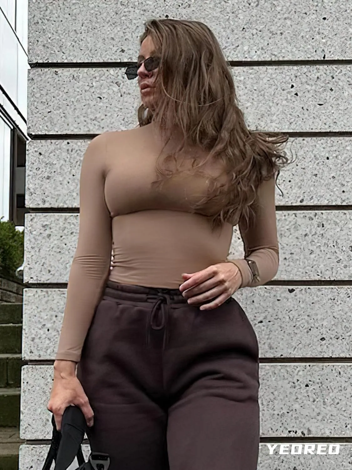 YEOREO Long Sleeve Workout Crop Mock Thermal Turtle Neck Double Lined Base Tops Shirts Women Sariah Y2k Undershirt