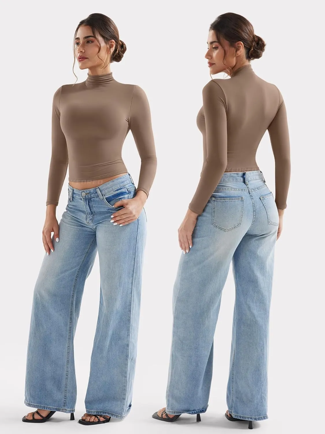 YEOREO Long Sleeve Workout Crop Mock Thermal Turtle Neck Double Lined Base Tops Shirts Women Sariah Y2k Undershirt