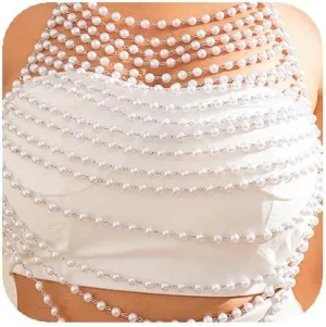 YERTTER Pearl Body Chain Top Body Jewelry Shoulder Necklace Bikini Body Bra Chains for Women Fashion for Wedding Party, Large, silver