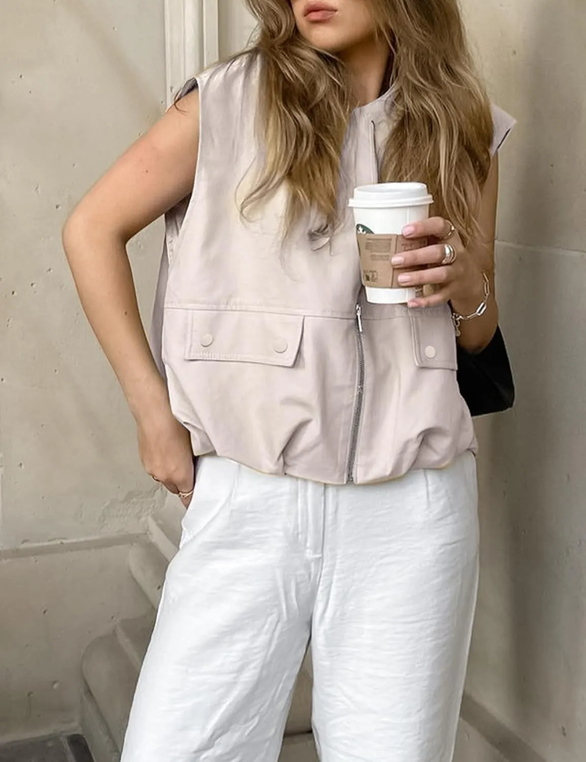 Yimoon Womens Oversized Zip Up Cargo Vest Casual Ruched Hem Sleeveless Blazer Jackets Vest Top with Pockets