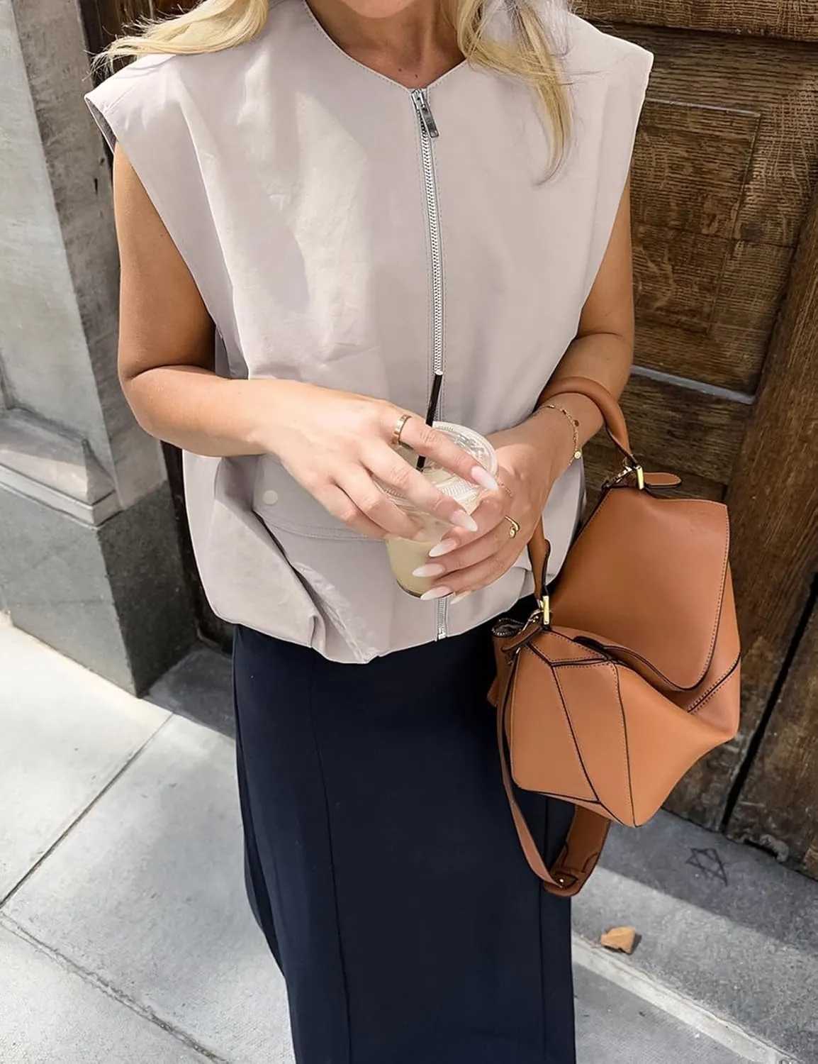 Yimoon Womens Oversized Zip Up Cargo Vest Casual Ruched Hem Sleeveless Blazer Jackets Vest Top with Pockets