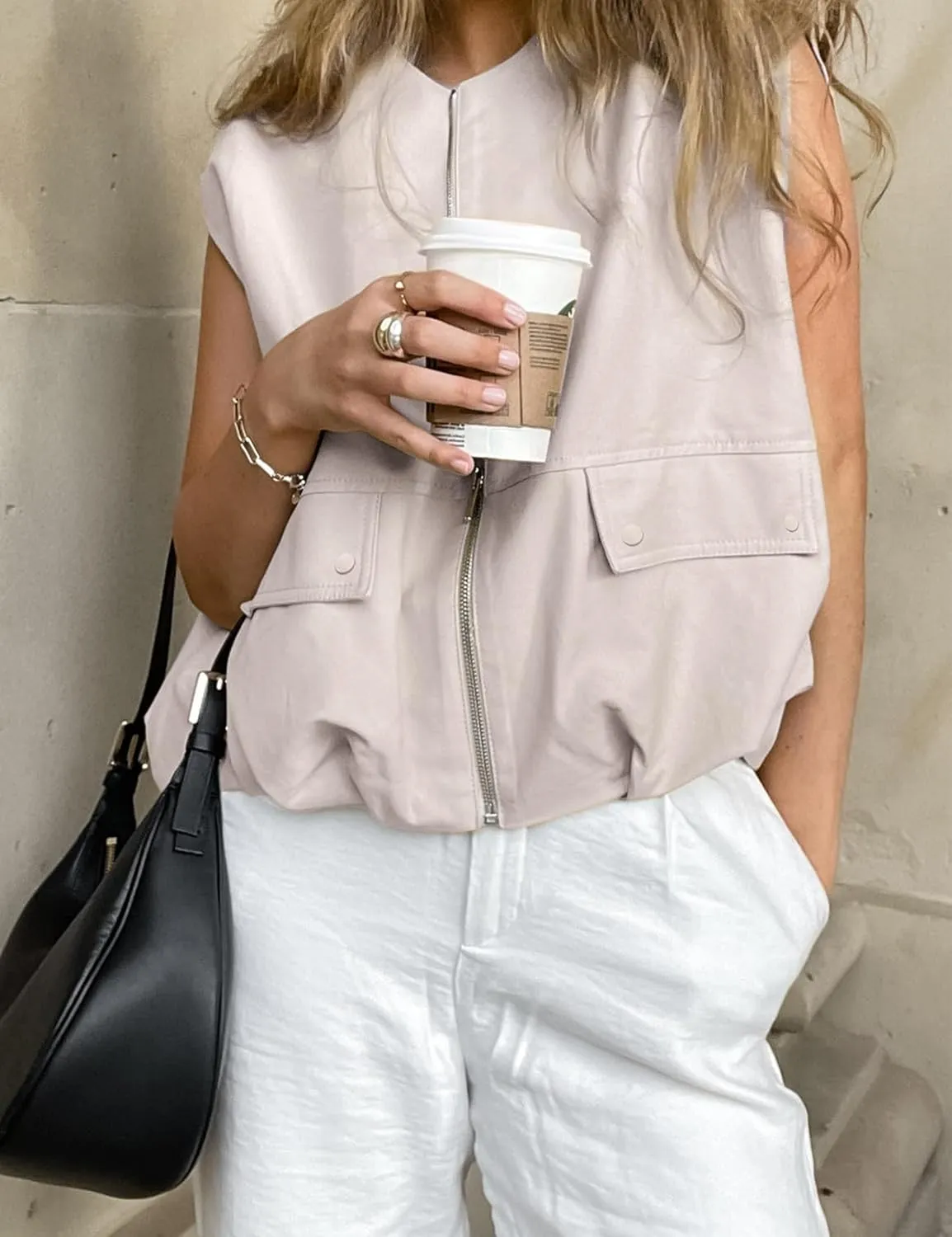 Yimoon Womens Oversized Zip Up Cargo Vest Casual Ruched Hem Sleeveless Blazer Jackets Vest Top with Pockets