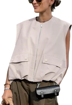 Yimoon Womens Oversized Zip Up Cargo Vest Casual Ruched Hem Sleeveless Blazer Jackets Vest Top with Pockets