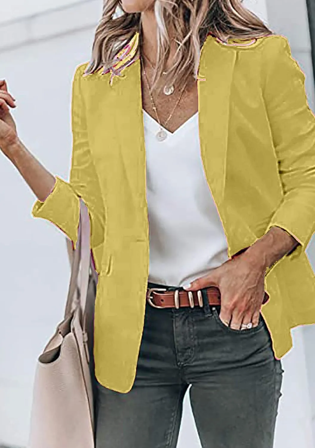 YMING Womens Casual Lapel Long Sleeve Blazer Open Front Work Jackets Button Solid Color Office Cardigan with Pockets