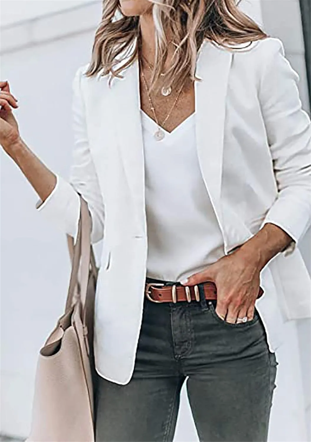 YMING Womens Casual Lapel Long Sleeve Blazer Open Front Work Jackets Button Solid Color Office Cardigan with Pockets