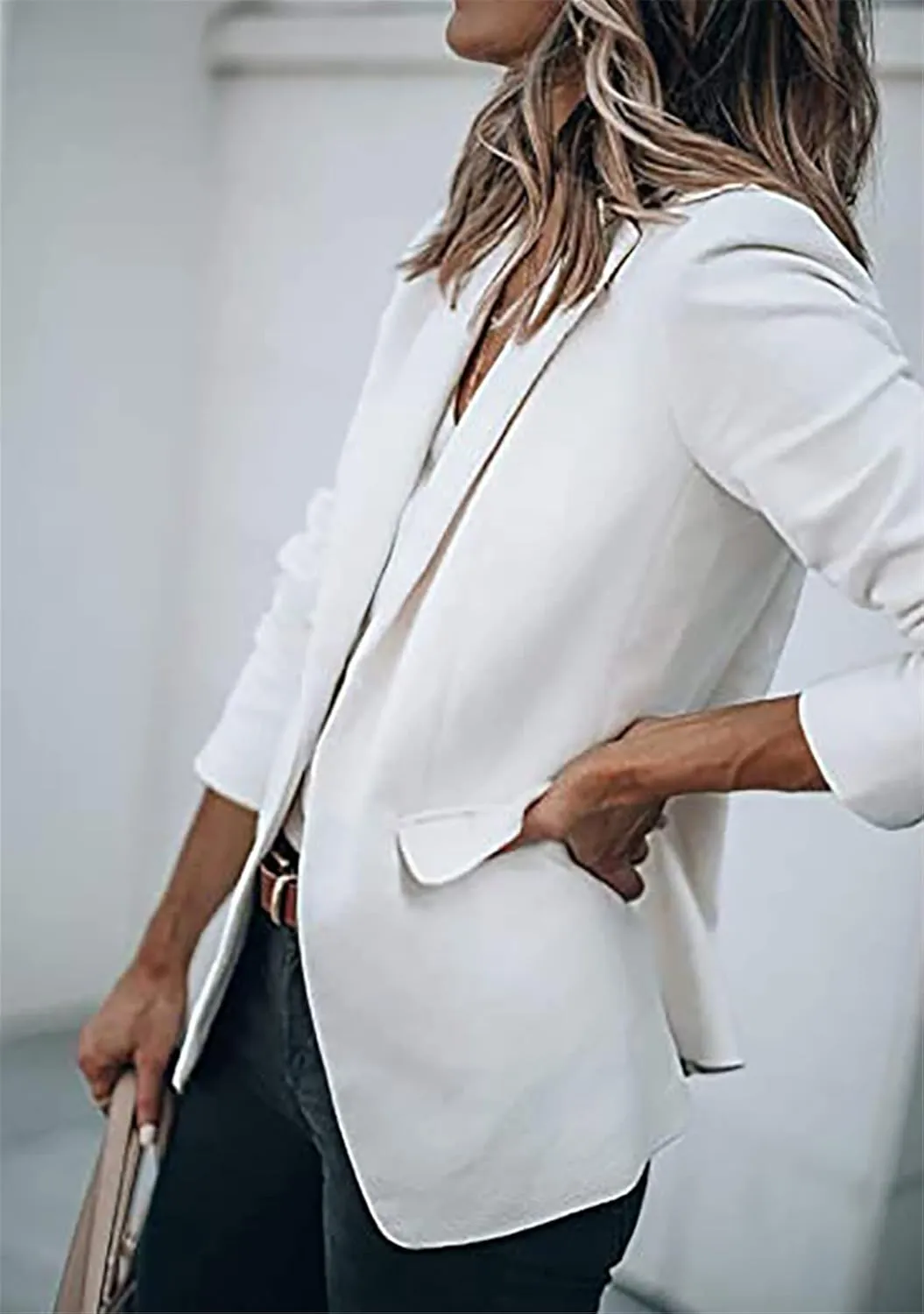 YMING Womens Casual Lapel Long Sleeve Blazer Open Front Work Jackets Button Solid Color Office Cardigan with Pockets