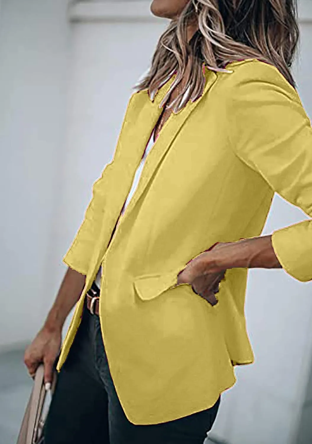 YMING Womens Casual Lapel Long Sleeve Blazer Open Front Work Jackets Button Solid Color Office Cardigan with Pockets