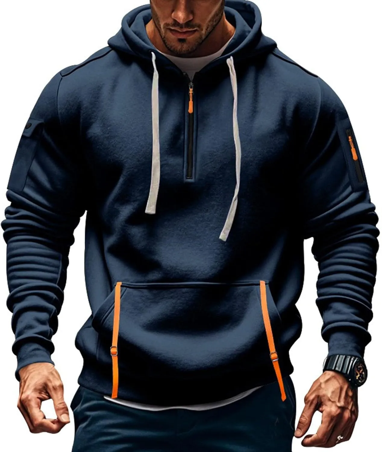 Ymosrh Mens Tactical Cargo Hoodie Athletic Work Hooded Sweatshirt Pullover Hoodies with Zipper Pockets Winter Sweatshirts