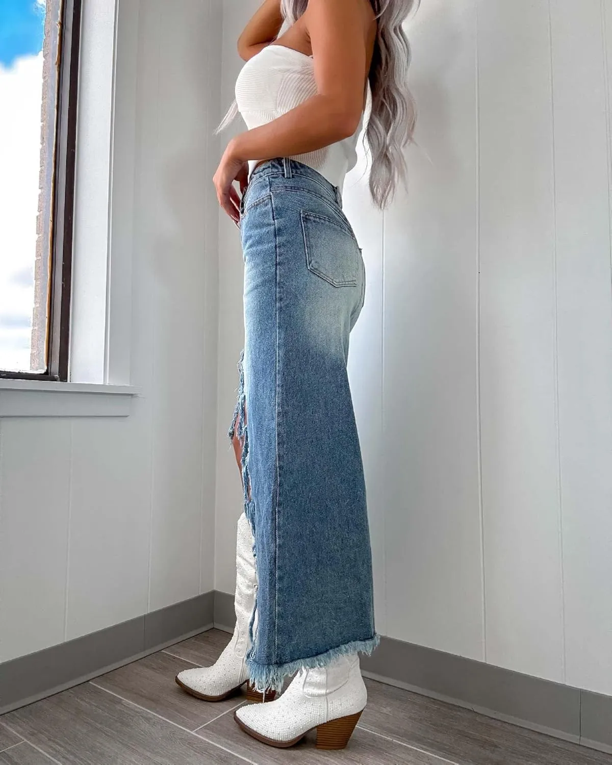 yoeasy Womens Casual Slit Denim Midi Jean Skirt High Waist Frayed Distressed Button A-Line Long Jean Skirt