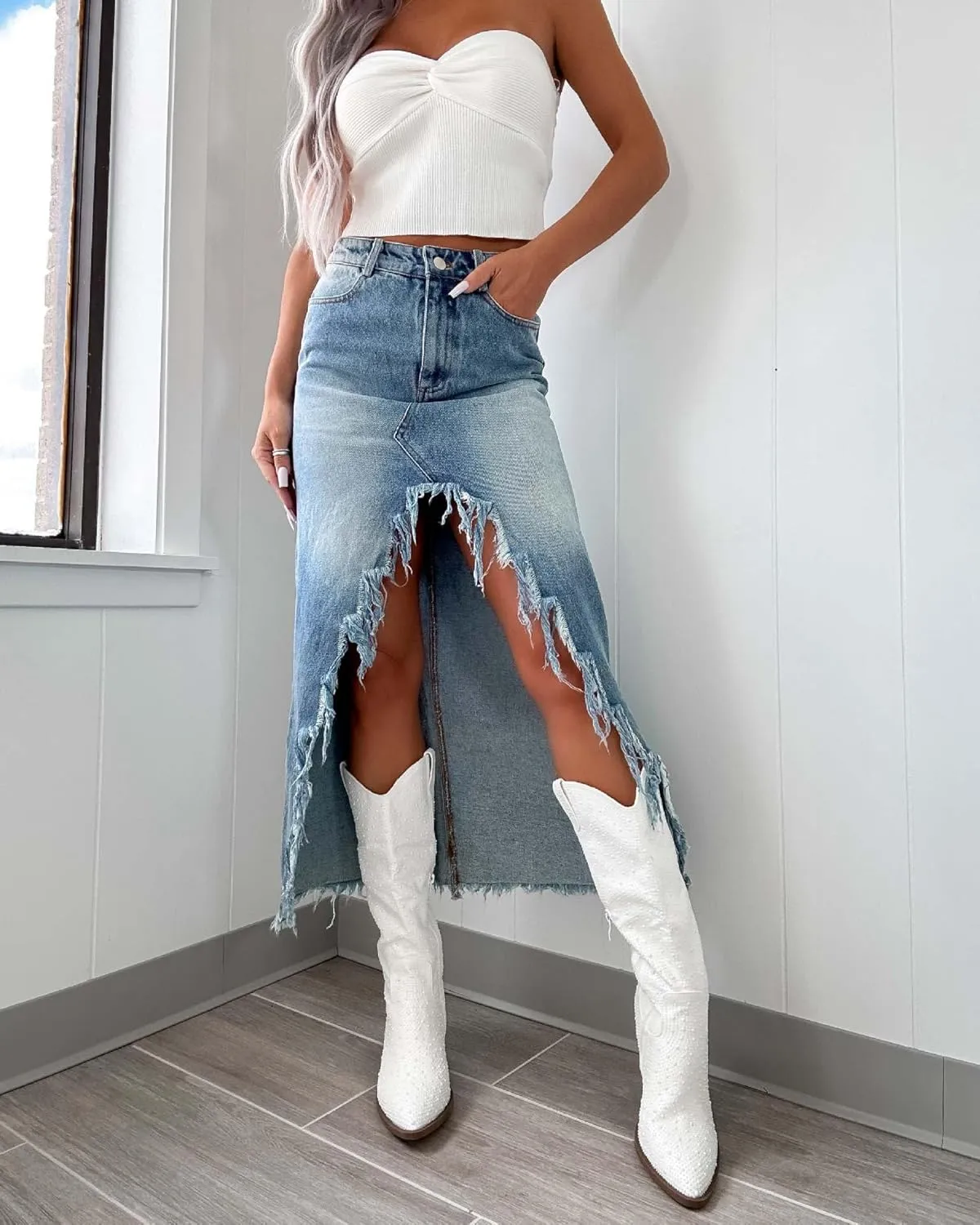 yoeasy Womens Casual Slit Denim Midi Jean Skirt High Waist Frayed Distressed Button A-Line Long Jean Skirt