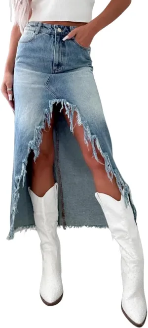 yoeasy Womens Casual Slit Denim Midi Jean Skirt High Waist Frayed Distressed Button A-Line Long Jean Skirt