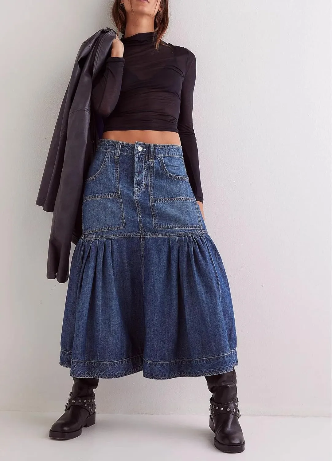 yoeasy Women's Casual Vintage High Waist Denim Maxi Skirts Button Pleated Flowy Swing A Line Long Jean Skirts
