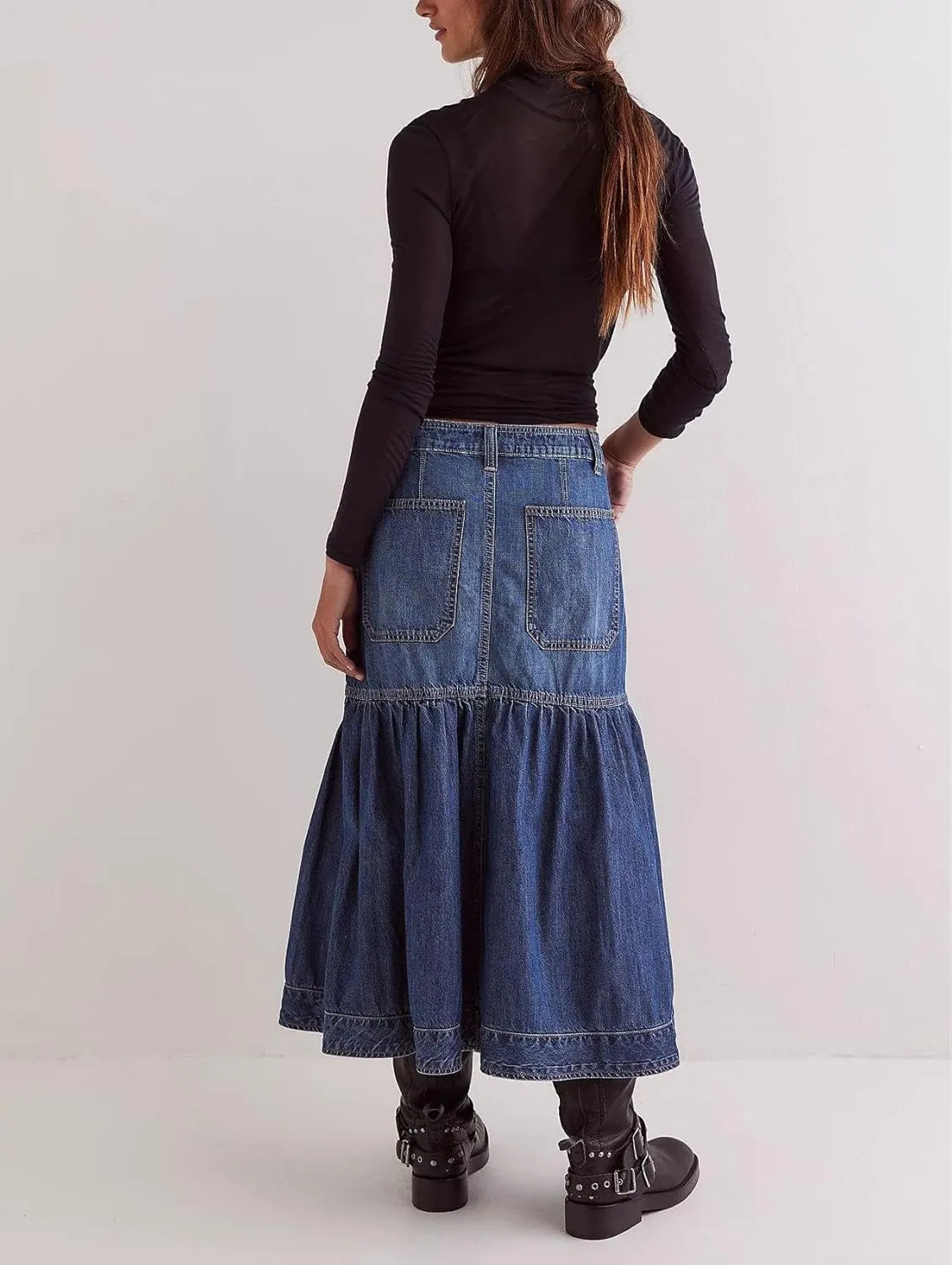yoeasy Women's Casual Vintage High Waist Denim Maxi Skirts Button Pleated Flowy Swing A Line Long Jean Skirts