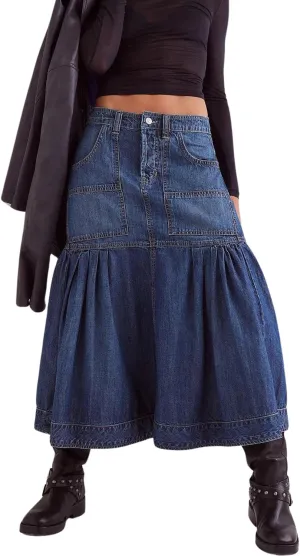 yoeasy Women's Casual Vintage High Waist Denim Maxi Skirts Button Pleated Flowy Swing A Line Long Jean Skirts